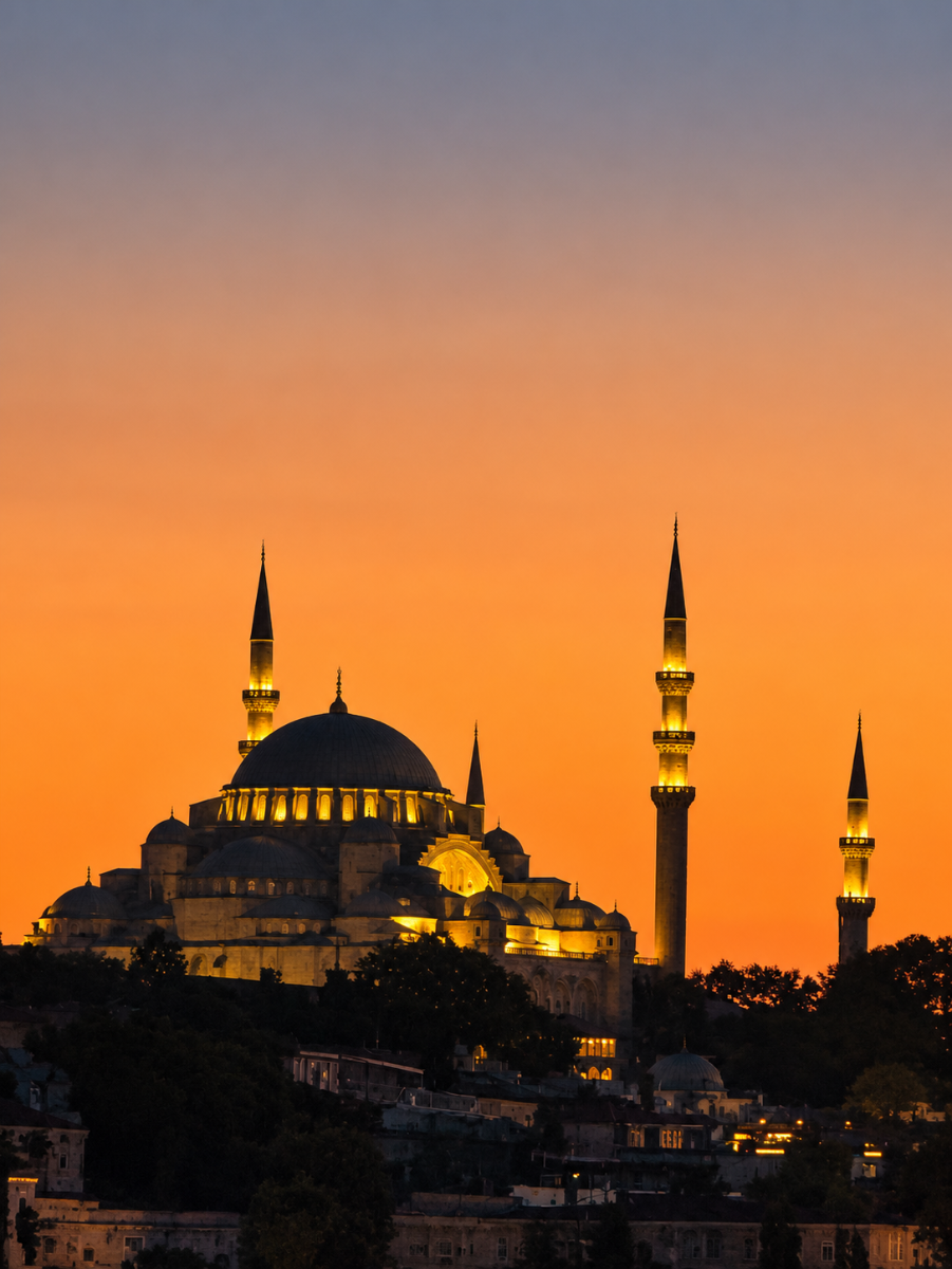 Moschea di Süleymaniye illuminata al tramonto sulla skyline di Istanbul
